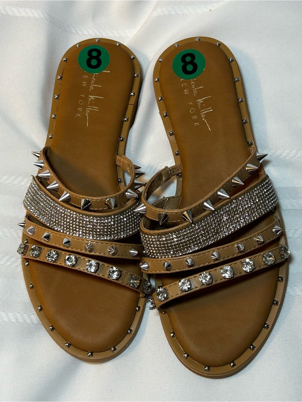 Nicole Miller Womens 8 Tan Sikver Studded Rhinestone Open Toe Sandals Shoes